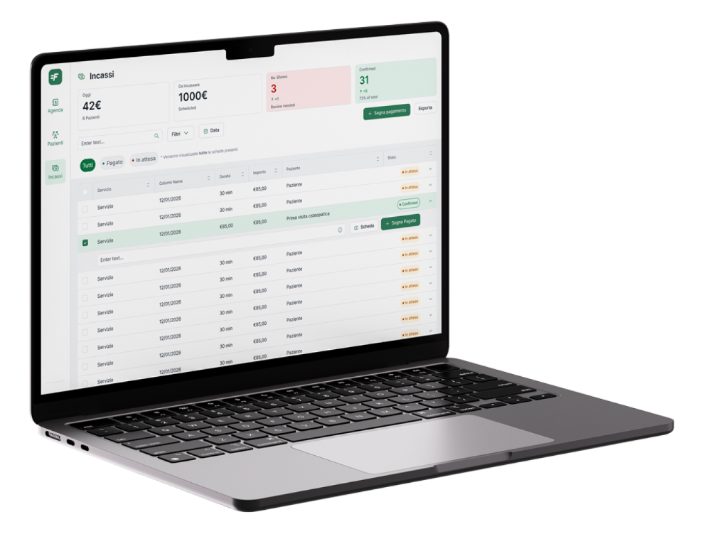 FisioGest · dashboard Incassi su laptop