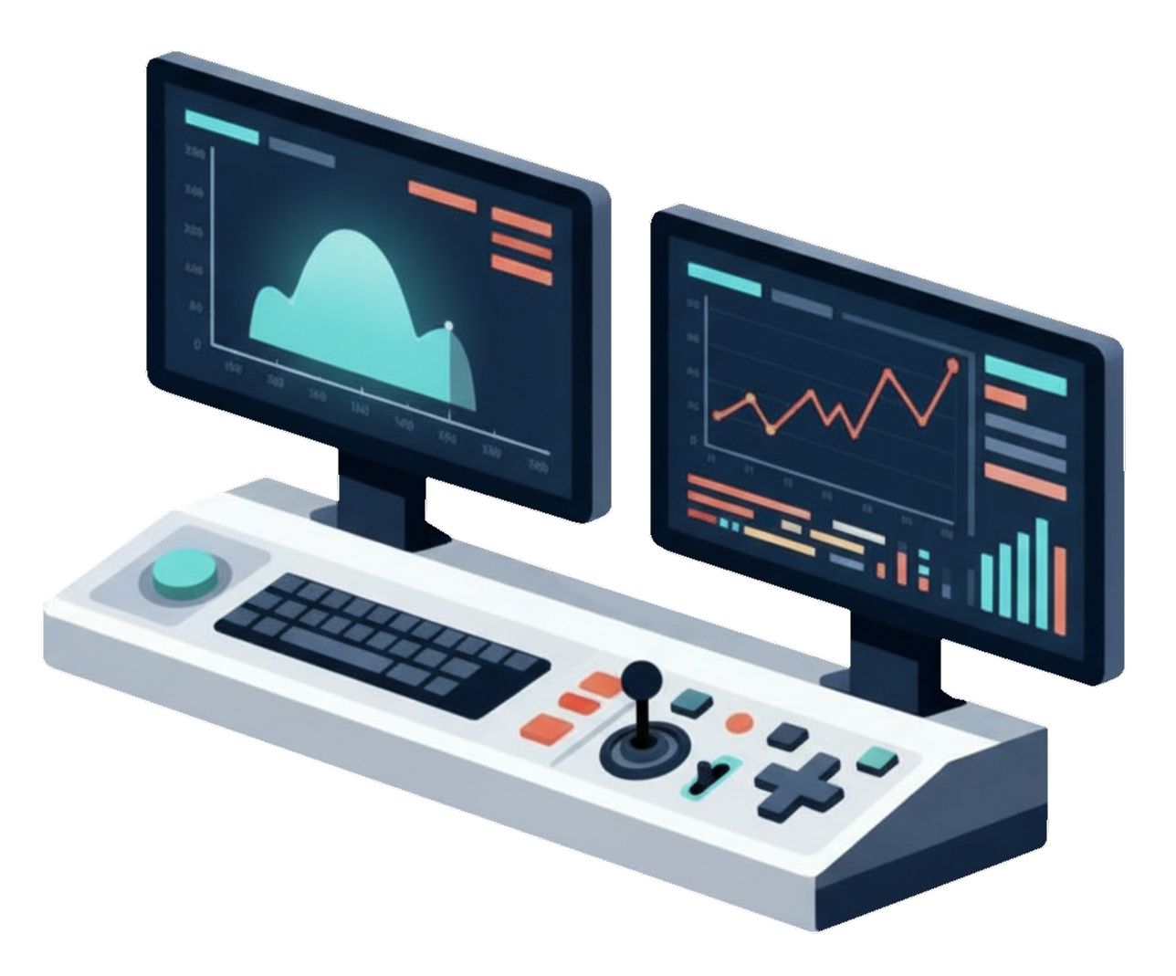Designer workspace with dual monitors showing data visualizations